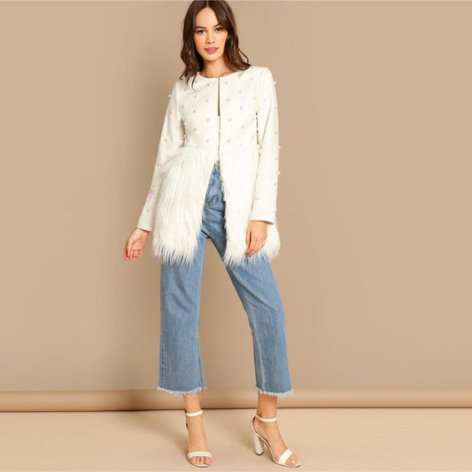 Solid Pearl Embellished Faux Fur Round Neck Jacket